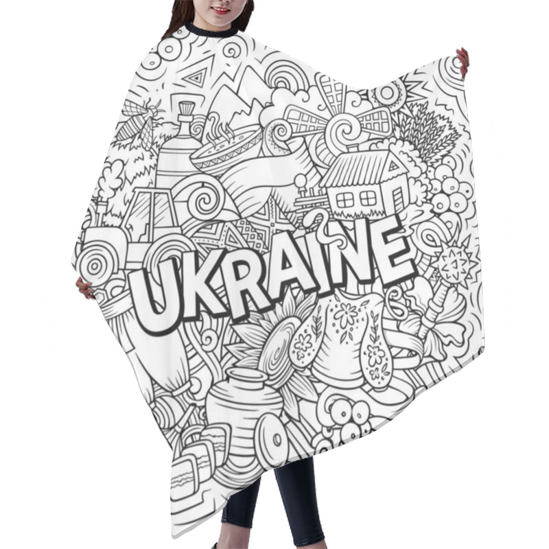 Personality  Ukraine Hand Drawn Cartoon Doodle Illustration. Funny Ukrainian Design. Creative Raster Background. Handwritten Text With Europeian Country Elements And Objects. Sketchy Composition Hair Cutting Cape