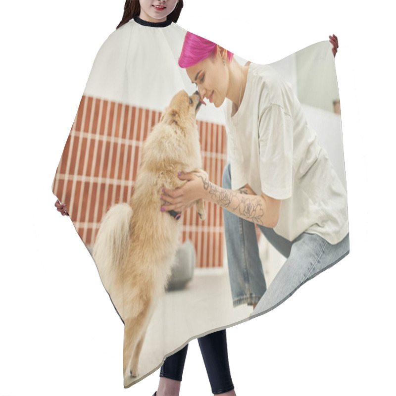 Personality  Side View Of Adorable Pomeranian Spitz Liking Nose Of Joyful Pet Hotel Worker, Canine Happiness Hair Cutting Cape