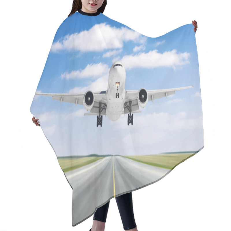 Personality  Big Airplane Aircraft Flying Departure Landing Speed Motion On A Runway In The Good Weather With Cumulus Clouds Sky Day. Hair Cutting Cape