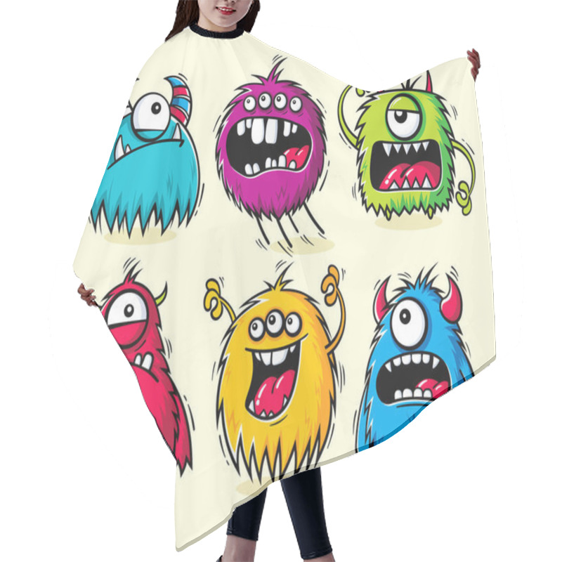 Personality  Set Of Isolated Funny Cartoon Furry Monsters With Different Emotions Hair Cutting Cape