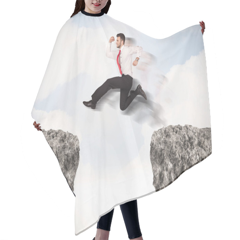 Personality  Funny Business Man Jumping Over Rocks With Gap Hair Cutting Cape