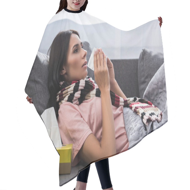 Personality  Sick Young Woman Sneezing Into Paper Napkin On Couch Hair Cutting Cape