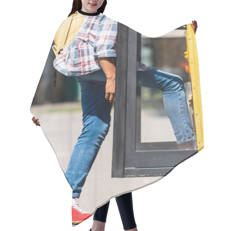 Personality  Cropped Shot Of African American Schoolboy Entering School Bus Hair Cutting Cape