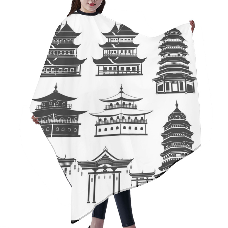 Personality  Set Of Chinese Temples, Gates And Traditional Buildings In Black And White Hair Cutting Cape