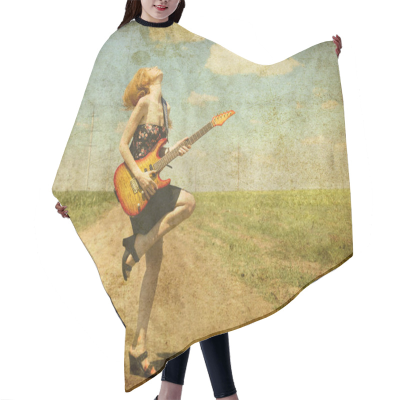 Personality  Rock Girl With Guitar At Countryside. Hair Cutting Cape