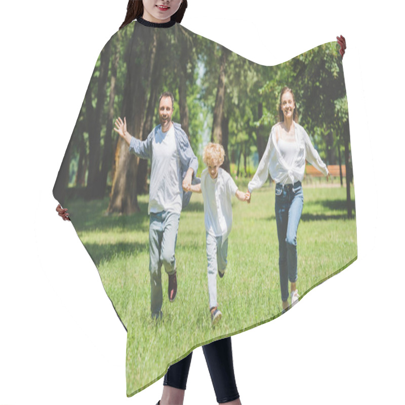 Personality  Happy Family Holding Hands And Running In Park During Daytime Hair Cutting Cape