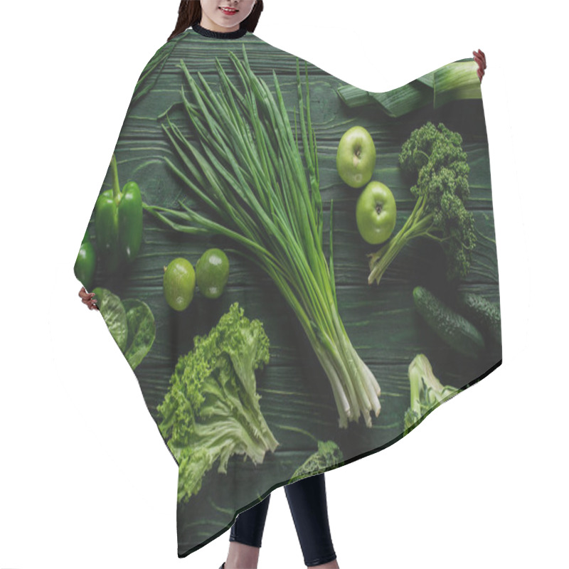 Personality  Top View Of Green Onion, Apples And Broccoli On Wooden Table, Healthy Eating Concept Hair Cutting Cape