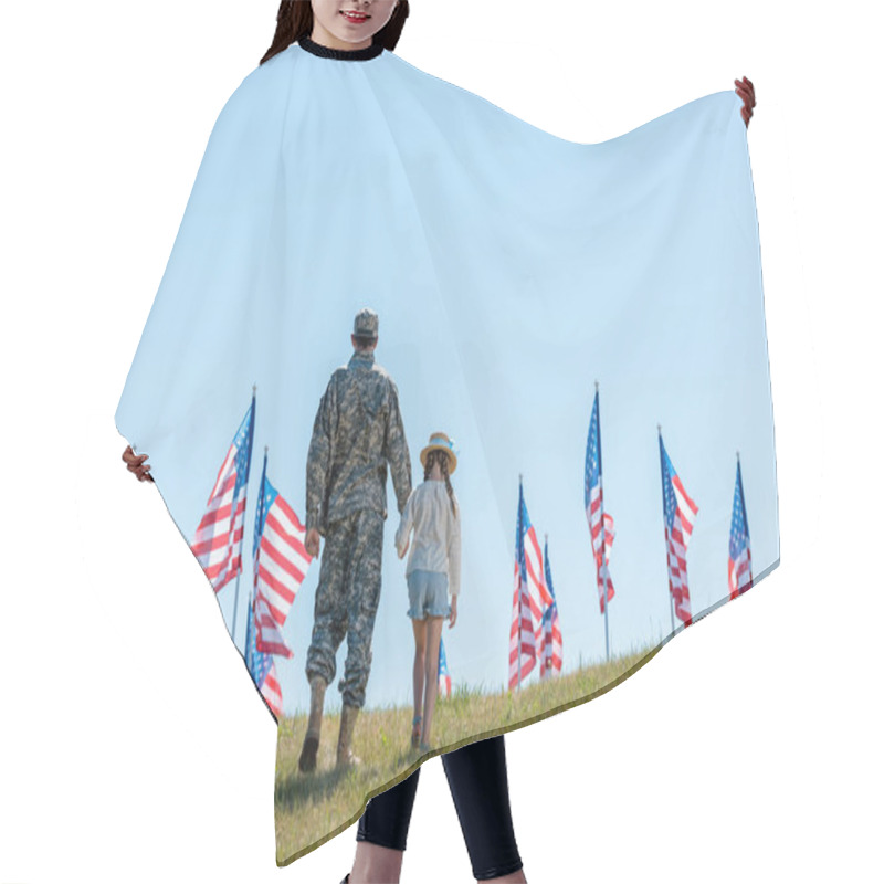 Personality  Back View Of Father In Military Uniform Holding Hands With Daughter Near American Flags  Hair Cutting Cape