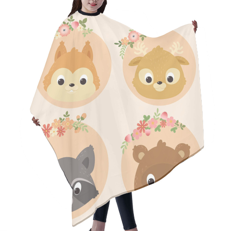 Personality  Cute Animals Portraits: A Squirrel, Deer, Raccoon, Bear. Cute Characters Design.  Hair Cutting Cape