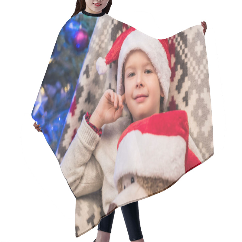 Personality  Cute Little Boy In Santa Hat Holding Teddy Bear And Smiling At Camera At Christmas Time  Hair Cutting Cape