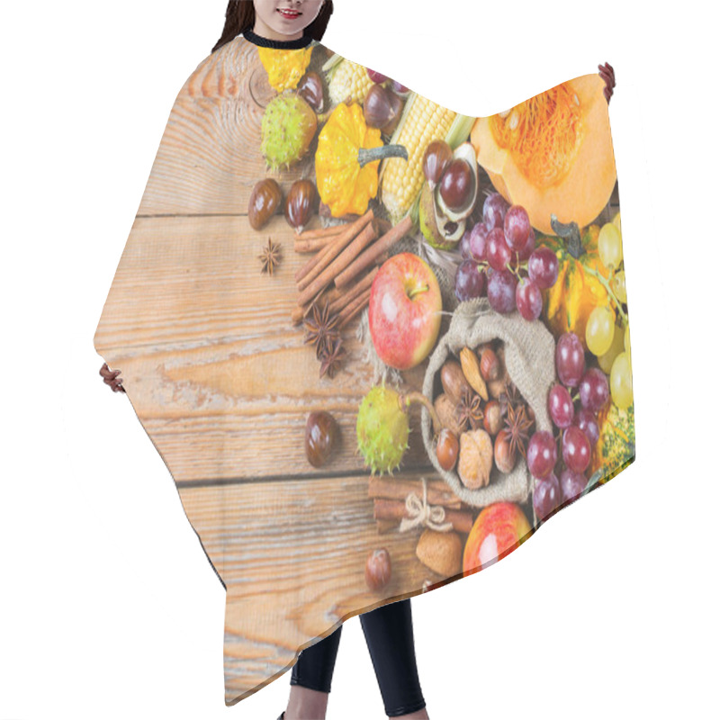 Personality  Fall Autumn Harvest Background With Pumpkin Apple Chestnut Corn Hair Cutting Cape