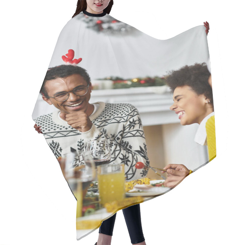 Personality  A Cheerful Gathering Of Friends Enjoying A Festive Christmas Meal And Sharing Joyful Moments. Hair Cutting Cape