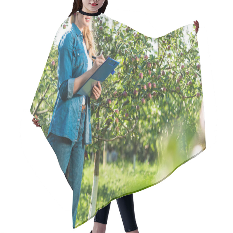 Personality  Cropped Image Of Farmer Holding Clipboard In Apple Garden At Farm Hair Cutting Cape