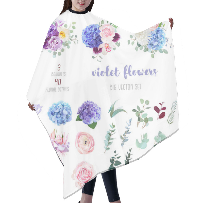 Personality  Violet, Purple And Blue Flowers And Greenery Big Vector Set Hair Cutting Cape