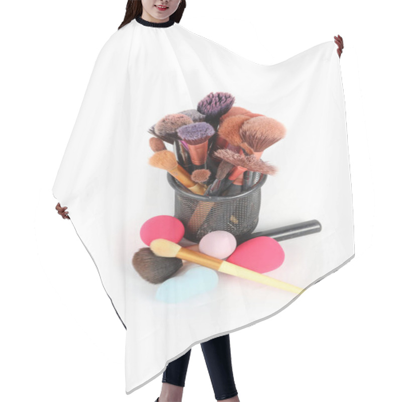 Personality  Pot With Makeup Brushes Isolated On A White Background, Showcasing The Brushes' Soft Bristles And Stylish Container Hair Cutting Cape