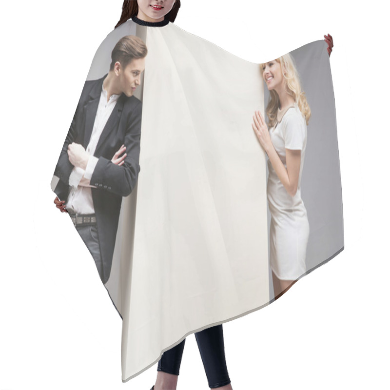 Personality  Soft Flirt Between Attractive Couple Hair Cutting Cape