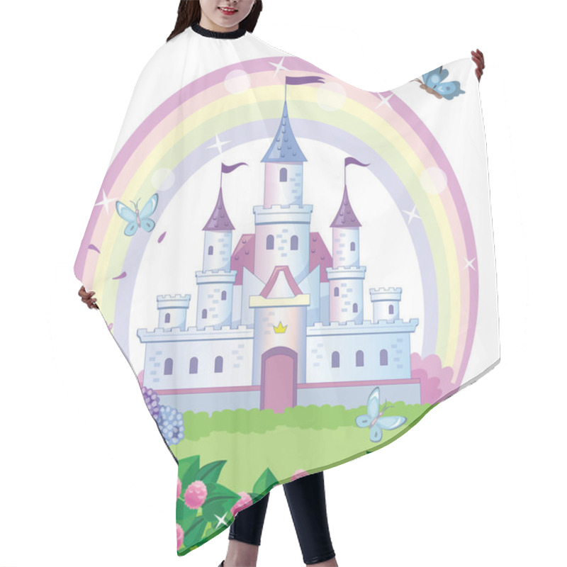 Personality  A Fairy-tale Castle For A Princess. Beautiful Flower Meadow And Rainbow. Wonderland. Children Cartoon Illustration. Vector. Hair Cutting Cape