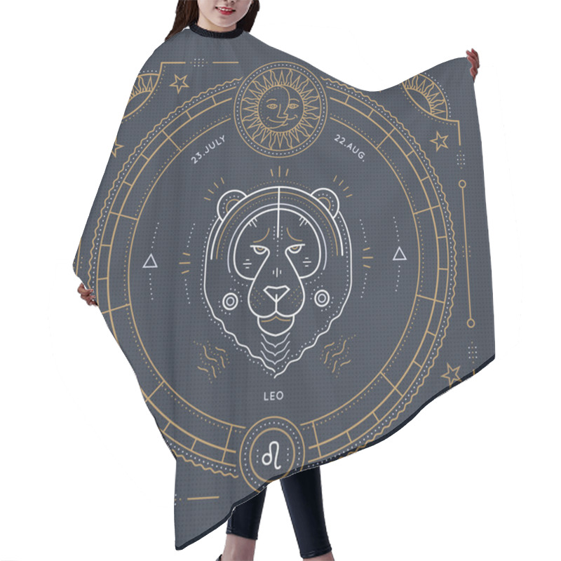 Personality  Vintage Thin Line Leo Zodiac Sign Label. Retro Vector Astrological Symbol, Mystic, Sacred Geometry Element, Emblem, Logo. Stroke Outline Illustration. Hair Cutting Cape