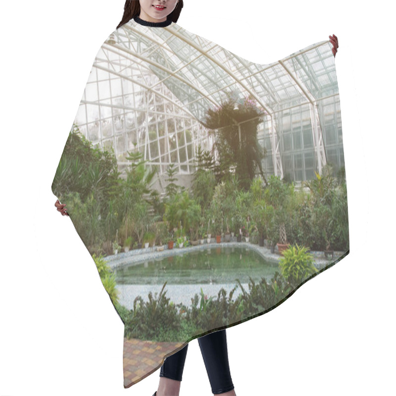 Personality  A Lush Indoor Botanical Garden With Various Tropical Plants Surrounding A Serene Pond, Housed In A Large Glass Greenhouse. Ideal For Nature And Garden Enthusiasts Hair Cutting Cape