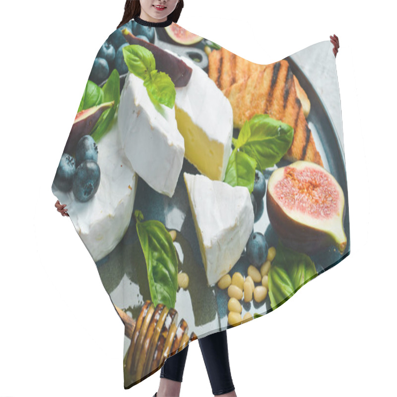 Personality  Brie Cheese, With Honey And Figs, Side View. On A Concrete Background. Hair Cutting Cape