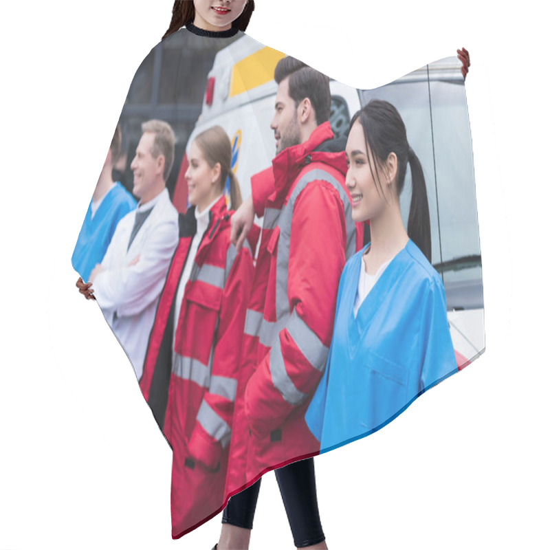 Personality  Ambulance Doctors Working Team Standing And Posing In Front Of Car Hair Cutting Cape