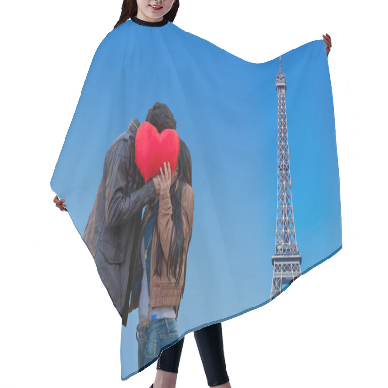 Personality  Young Couple With Heart Shape Toy Kissing On Background With Eiffel Tower Hair Cutting Cape