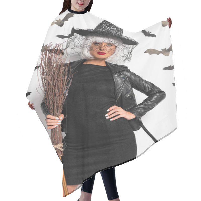 Personality  Attractive Woman In Witch Hat And Wig Holding Broom In Halloween Hair Cutting Cape