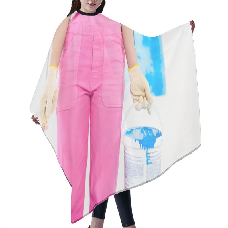 Personality  Cropped Image Of Girl Holding Paint Brush And Bucket With Paint Hair Cutting Cape