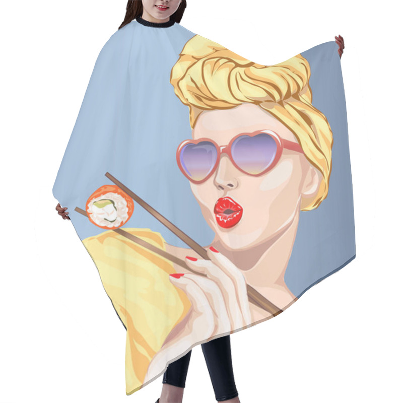 Personality  Pin-up Style Sexy Woman Eating Sushi, Japanese Food. Pop Art Girl, Heart Sunglasses, Head Turban, Vector Hair Cutting Cape