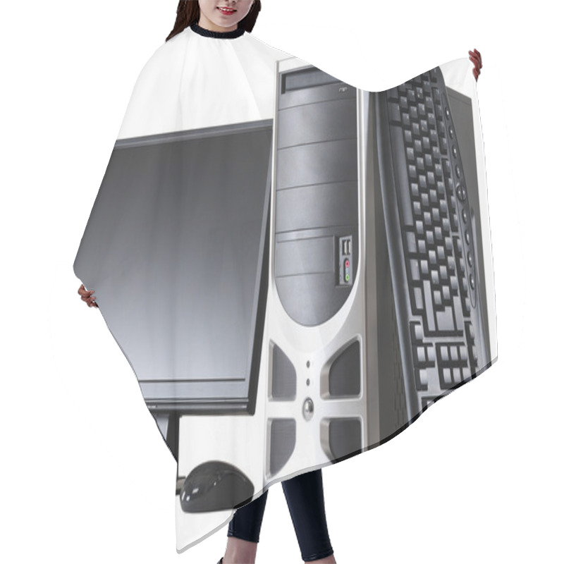 Personality  Desktop Computer. Isolated Hair Cutting Cape