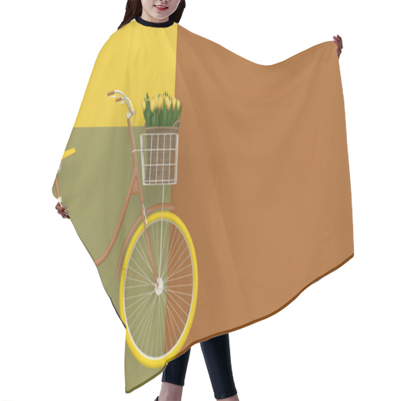 Personality  Old Retro Bicycle In Brown With Yellow Wheels And Yellow Flowers In A Basket On A Colorful Background. Copy Space.  Abstract Concept. 3D Render. Hair Cutting Cape