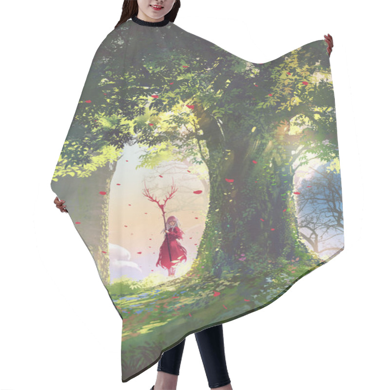 Personality  A Woman In Red Holding A Horned Spear Standing Next To A Large Tree, Digital Art Style, Illustration Painting  Hair Cutting Cape