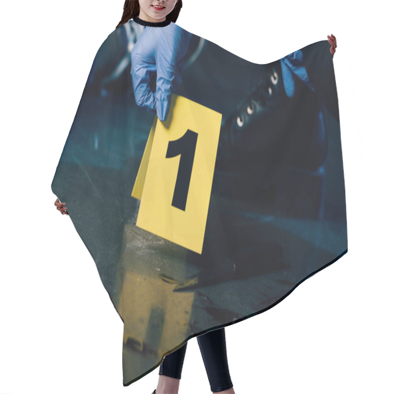 Personality  Partial View Of Investigator In Rubber Gloves With Evidence Marker At Crime Scene Hair Cutting Cape