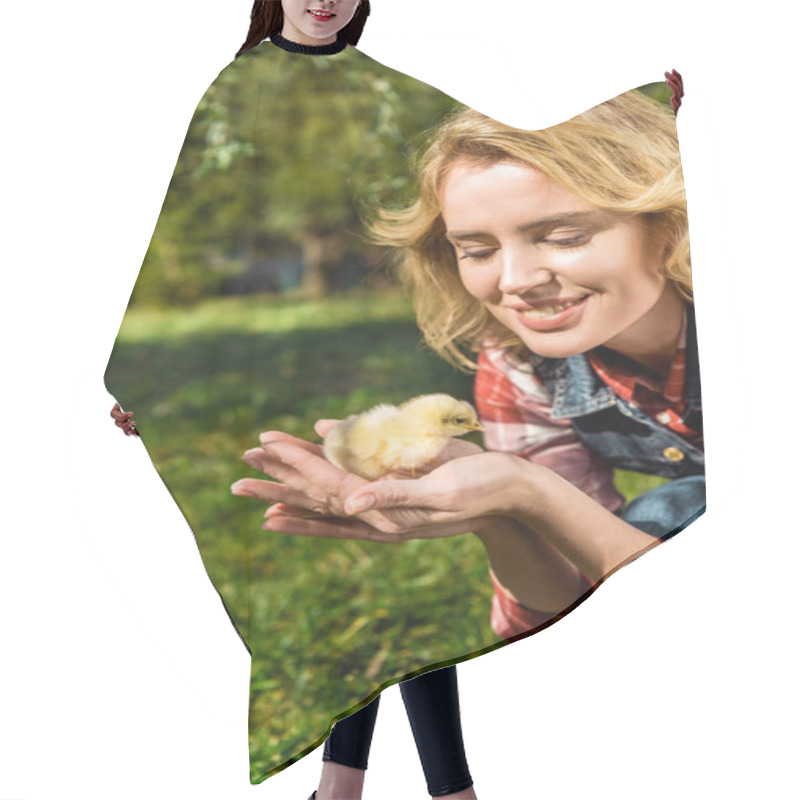 Personality  Attractive Woman Holding Adorable Yellow Baby Chick Outdoors  Hair Cutting Cape