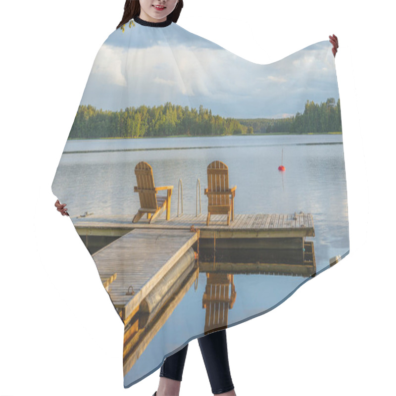 Personality  Two Wooden Chairs At Sunset On A Pier On The Shores Of The Calm  Hair Cutting Cape