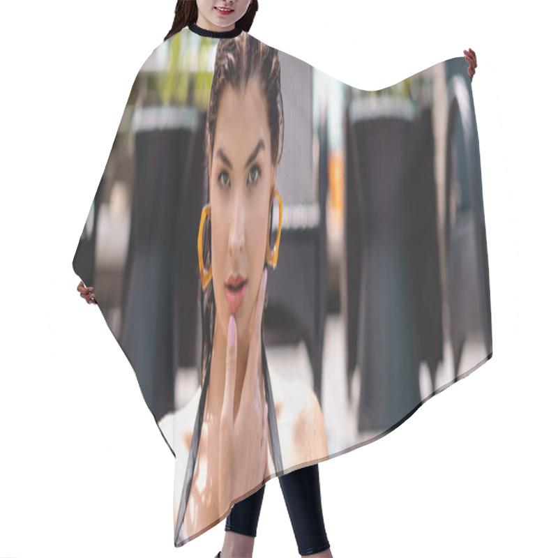 Personality  Panoramic Crop Of Beautiful Woman Touching Face And Looking At Camera Hair Cutting Cape