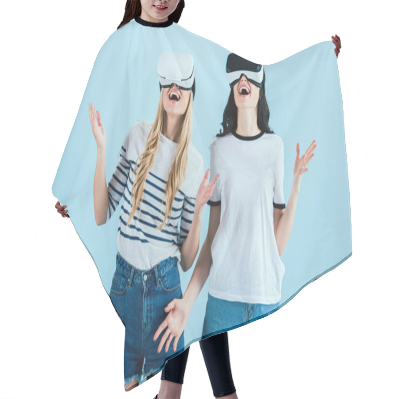 Personality  Cheerful Girls Using VR Headsets And Laughing On Blue Background Hair Cutting Cape