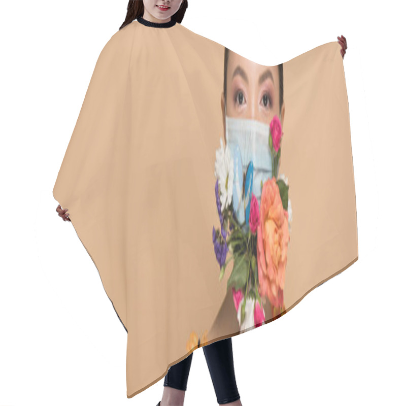 Personality  Panoramic Shot Of Attractive Asian Woman In Floral Face Mask With Butterflies Isolated On Beige Hair Cutting Cape