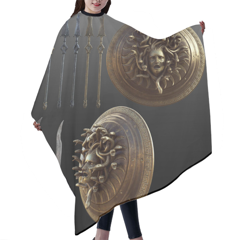 Personality  Fantasy CGI Greek Hero Weapons, Spear, Sword, Medusa Shield Hair Cutting Cape