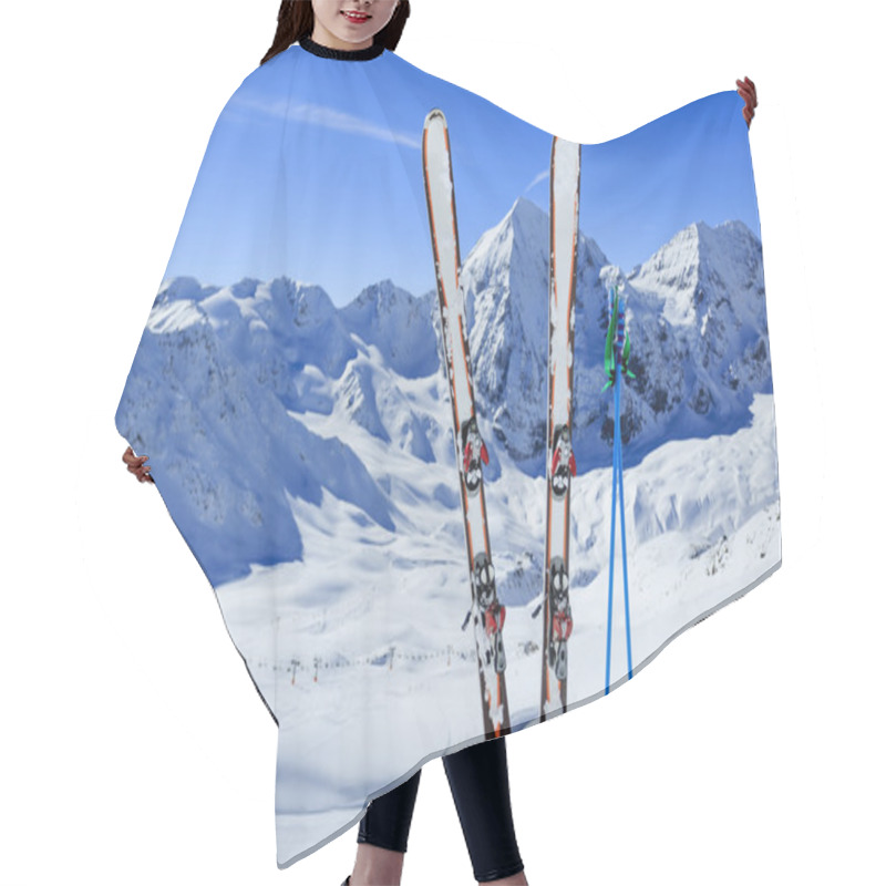 Personality  Skiing, Winter Season , Mountains And Ski Equipments On Ski Run Hair Cutting Cape