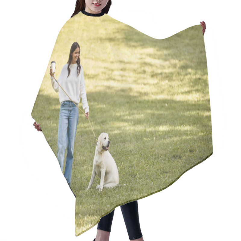 Personality  A Woman In Cozy Autumn Attire Strolls Through A Lush Park With Her Cheerful Dog. Hair Cutting Cape