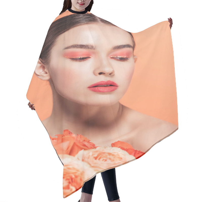 Personality  Selective Focus Of Beautiful Stylish Girl Posing With Rose Flowers Isolated On Coral Hair Cutting Cape