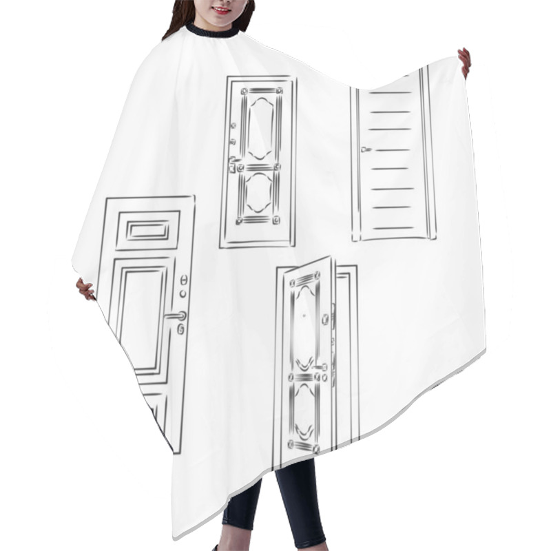 Personality  Doors Collection Of Isolated Illustration In Simple Black Lines Hair Cutting Cape