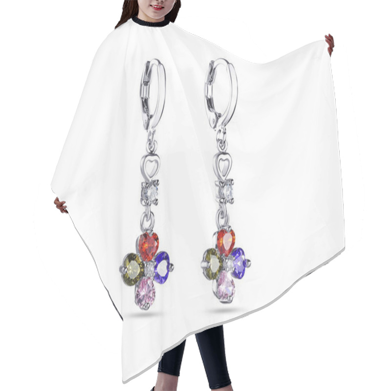 Personality  Drop Earrings With Blue Crystals On White Background, Jewelry Hair Cutting Cape