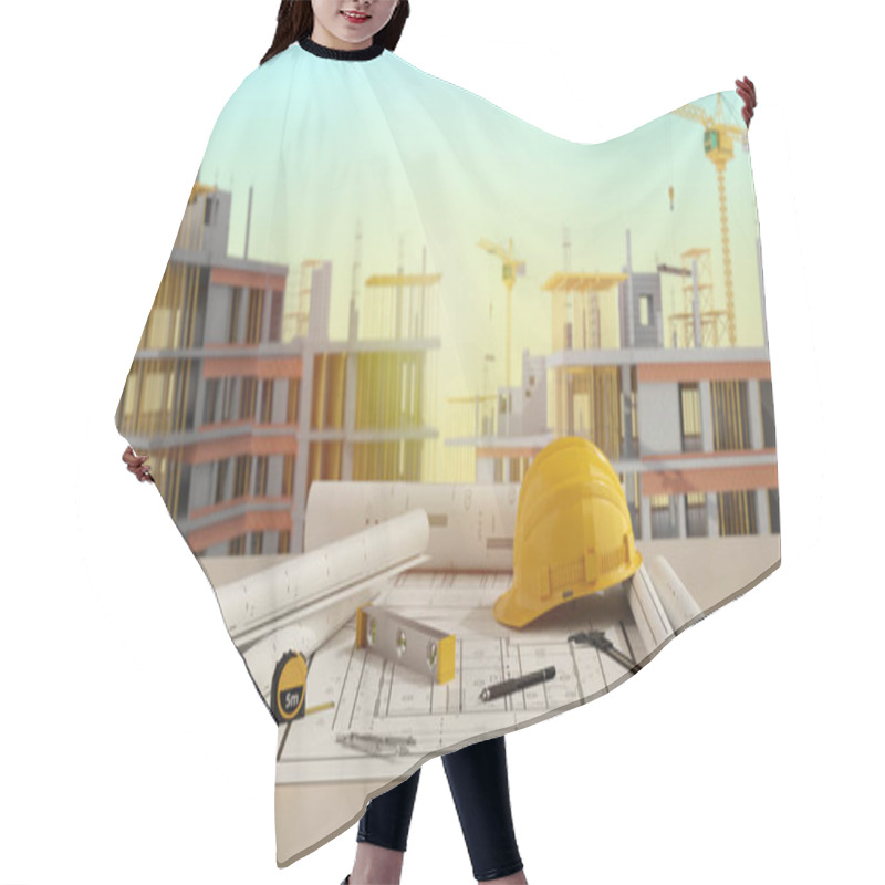 Personality  Blueprints With Equipment Architect And Construction Of Building  Background.3D Rendering Hair Cutting Cape