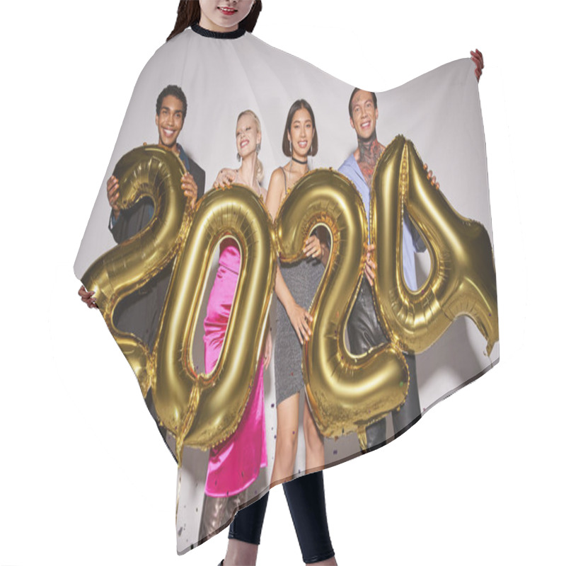 Personality  Multiethnic Group Of Friends Holding Balloons With 2024 Numbers Near Confetti, Happy New Year Hair Cutting Cape