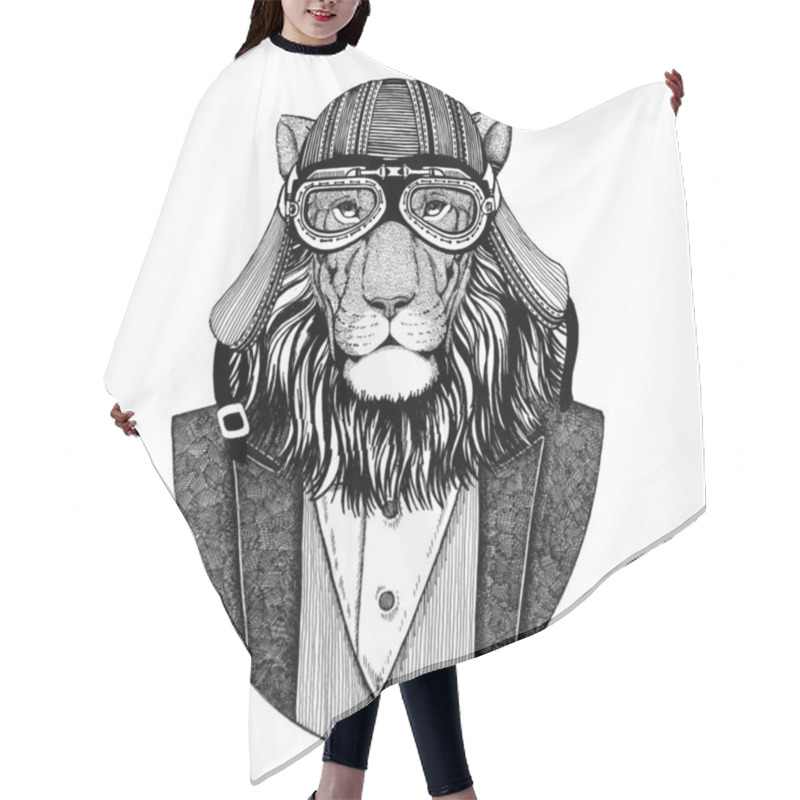 Personality  Wild Cat. Lion. Animal Wearing Jacket With Bow-tie And Biker Helmet Or Aviatior Helmet. Elegant Biker, Motorcycle Rider, Aviator. Image For Tattoo, T-shirt, Emblem, Badge, Logo, Patch Hair Cutting Cape