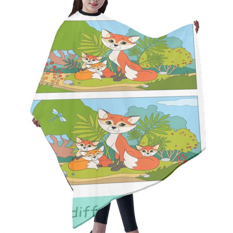 Personality  Find Five Differences Quiz Learning Children Game With Image Of A Mother Fox And Two Baby Foxes Sitting Under The Bush In A Wood. Colorful Image Of Wild Animals Developmental Activity. Hair Cutting Cape