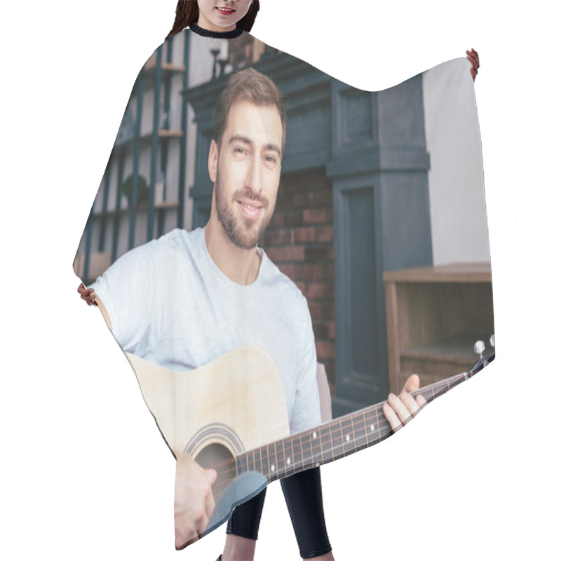 Personality  Smiling Bearded Man Playing Acoustic Guitar In Living Room Hair Cutting Cape