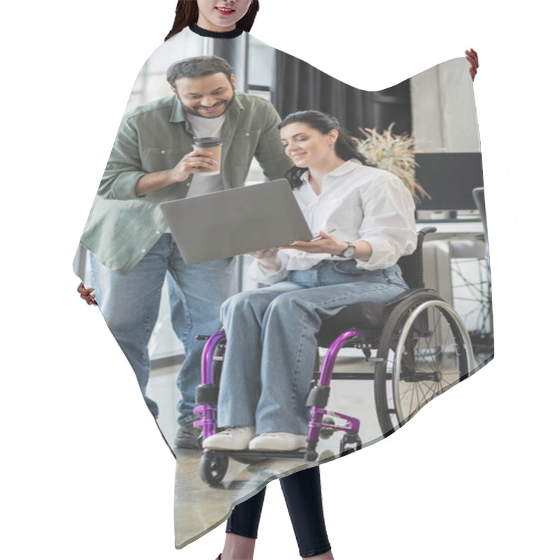 Personality  Happy Indian Businessman Discussing  Startup Project With Disabled Woman In Wheelchair, Inclusion Hair Cutting Cape